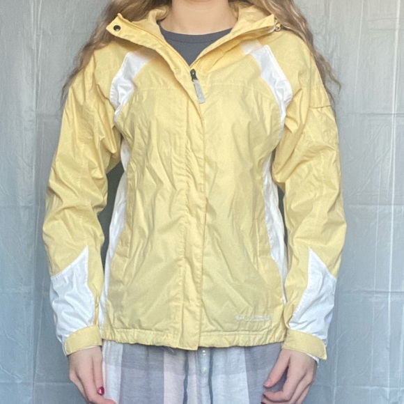 Columbia Omni-Tech Small Waterproof Hooded Yellow & White Zip Up Jacket Coat - Picture 14 of 16